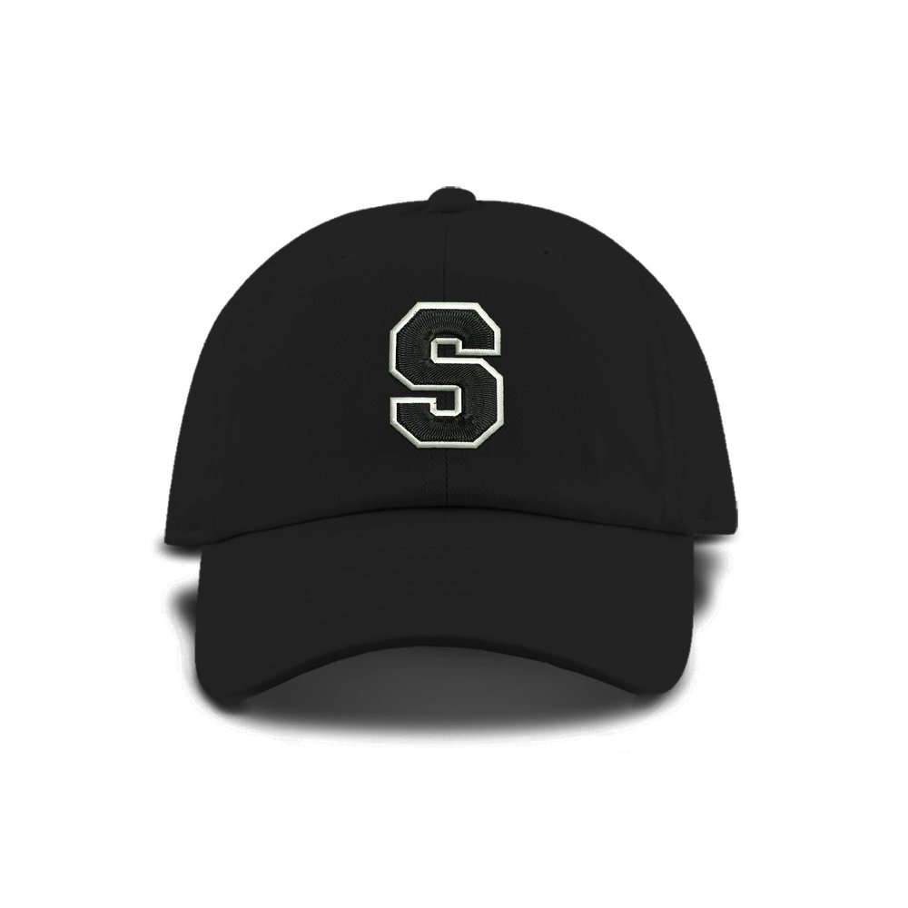 Monogram Letter or Number Baseball Cap Toddler, Youth Kids, and Adult Adjustable Black Hat with White and Black Thread (2-5 Toddler Size, S)