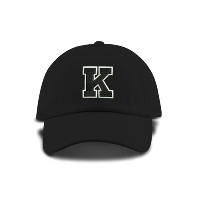 Monogram Letter or Number Baseball Cap Toddler, Youth Kids, and Adult Adjustable Black Hat with White and Black Thread (2-5 Toddler Size, K)