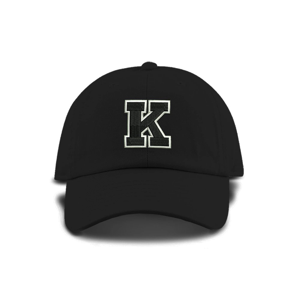 Monogram Letter or Number Baseball Cap Toddler, Youth Kids, and Adult Adjustable Black Hat with White and Black Thread (2-5 Toddler Size, K)