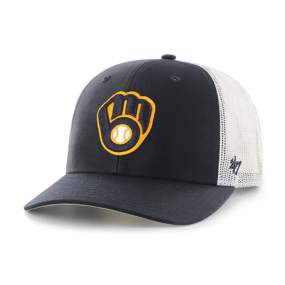 47 MLB Team Color Primary Logo Mesh Trucker Snapback Adjustable Hat Cap, Adult One Size Fits All - Milwaukee Brewers Navy