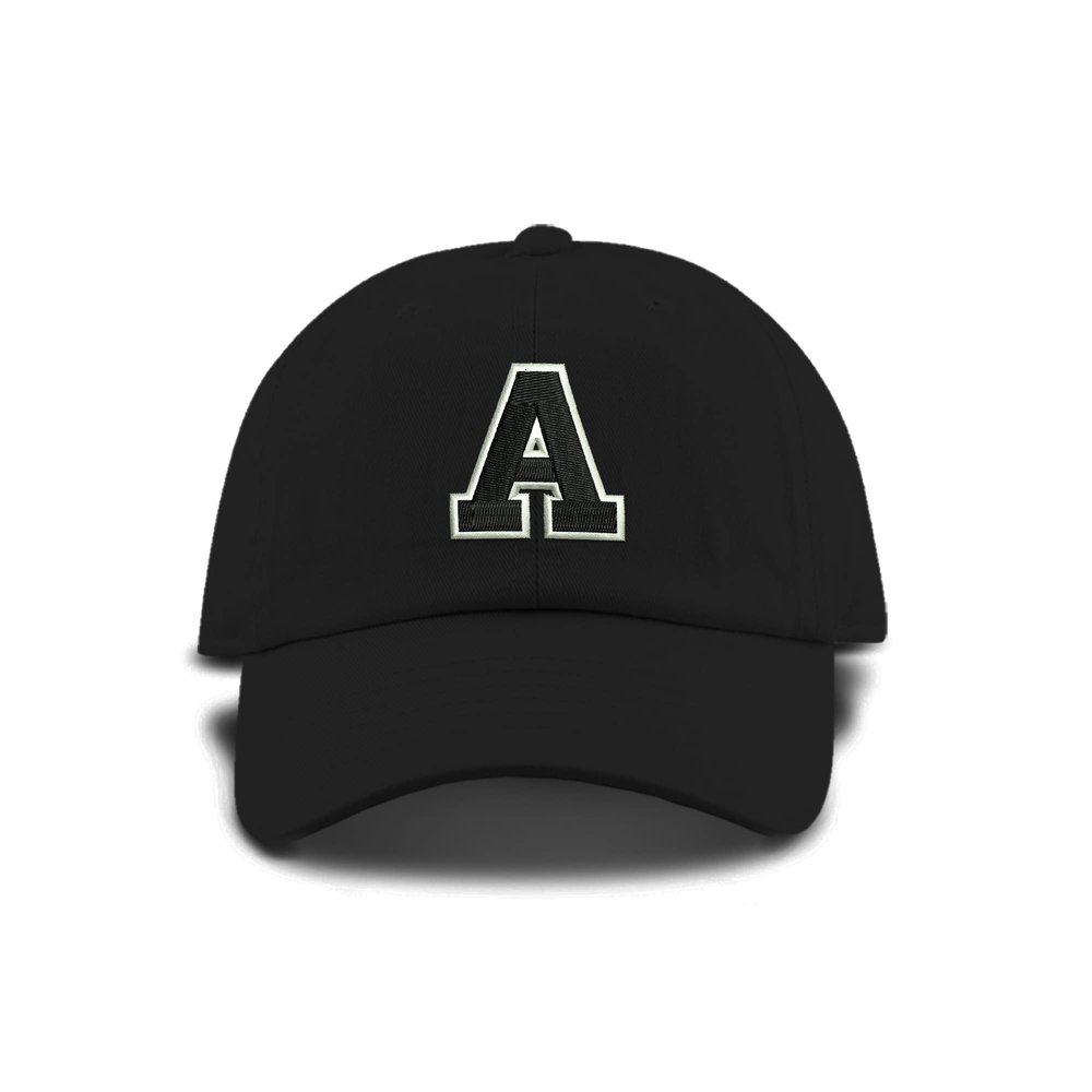 Monogram Letter or Number Baseball Cap Toddler, Youth Kids, and Adult Adjustable Black Hat with White and Black Thread (2-5 Toddler Size, A)