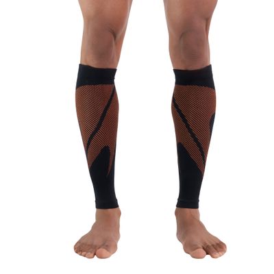 CompressionZ Calf Compression Sleeves for Men & Women - Leg Sleeves Shin Splint Firm Support - Footless Compression Socks for Varicose Vein Pain Relief - Black Orange, X-Large