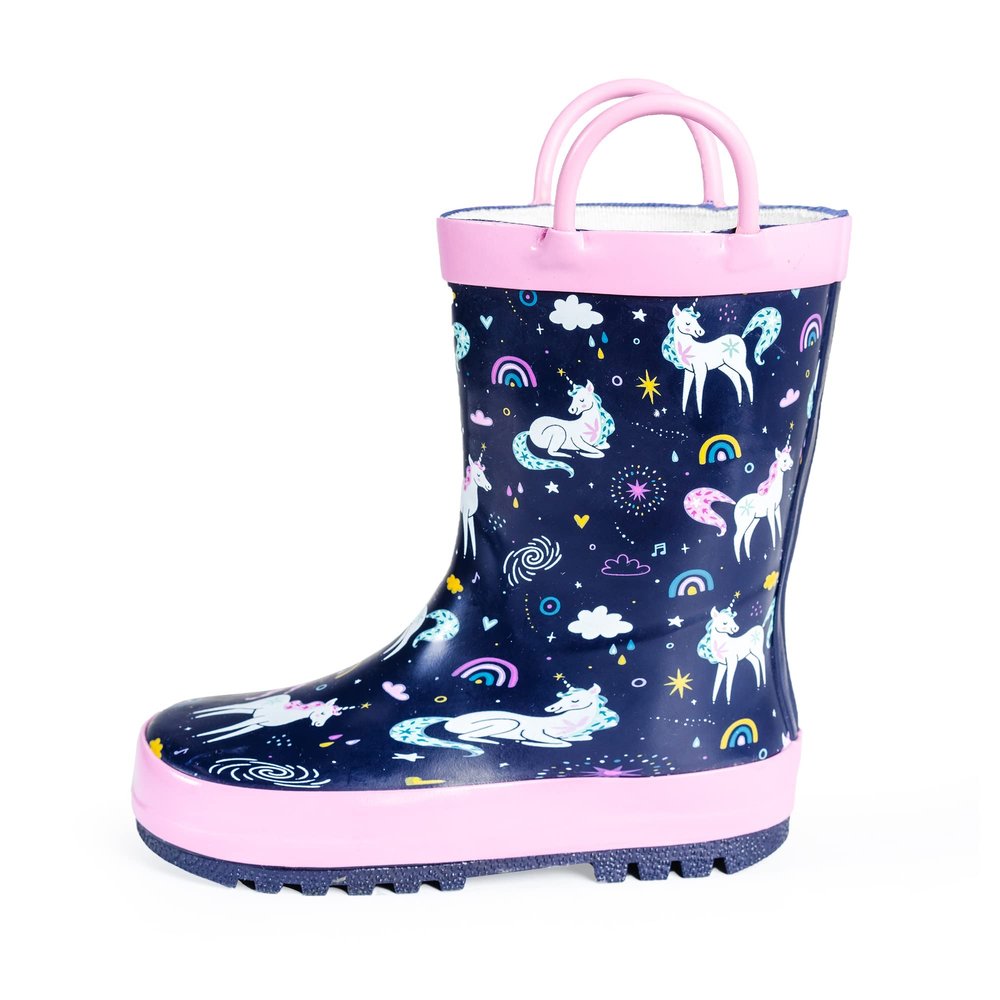NORTY Rubber Rain Boots for Kids - Waterproof Rubber Boots Boys and Girls Solid & Printed Rainboots for Toddlers and Kids - Unicorn Navy Pink