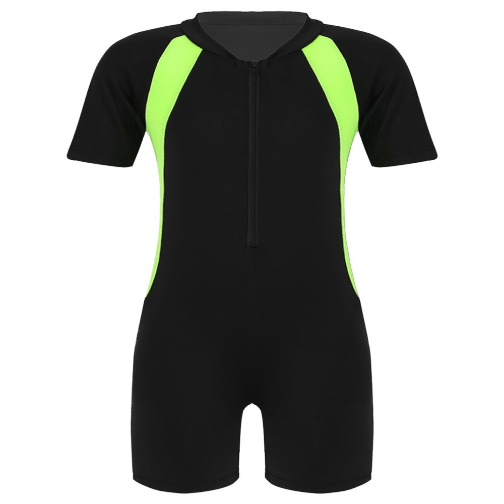 Daenrui Kids Girls Boys One Piece Swimsuit Short Sleeve Water Sports Surfing Bathing Suit Rashguard Swimwear Black,geeen 12-14 Years