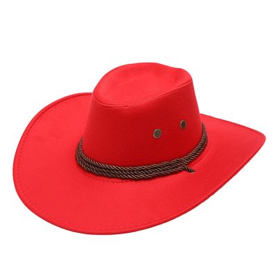 Adult Casual Solid Summer Western Fashion Cowboy Sun Hat Wide Brim Travel Sun Straw Cowboy Hats for Men (Red, One Size)