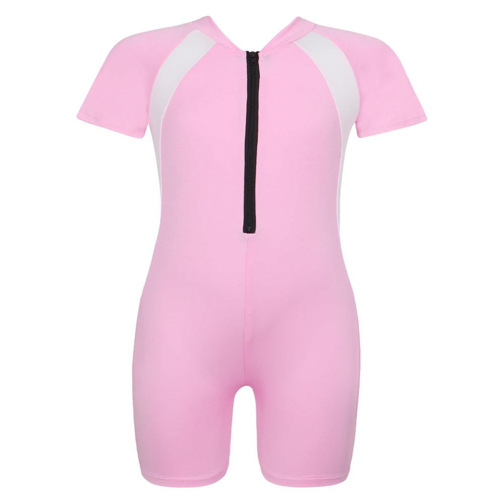 Daenrui Kids Girls Boys One Piece Swimsuit Short Sleeve Water Sports Surfing Bathing Suit Rashguard Swimwear Pink 12-14 Years