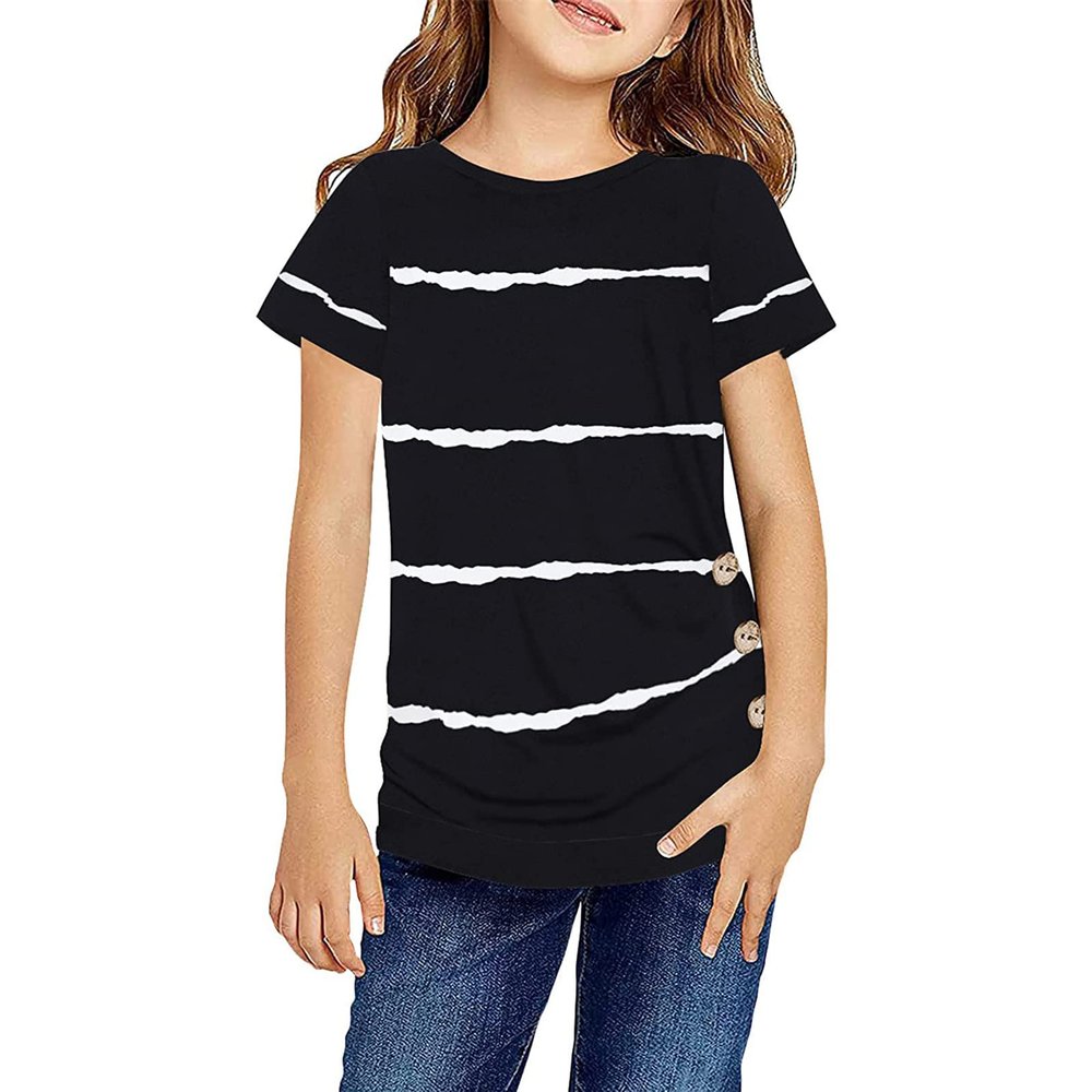Little Girls Casual Short Sleeve T Shirts Crewneck Tunic Tops Kids Button School Clothes for Girls (Black, 4-5 Years)