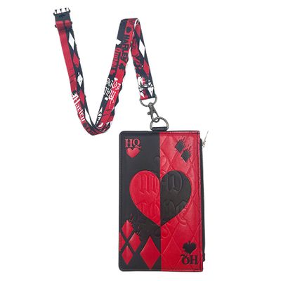 DC Comics Harley Quinn Lanyard with Passport Holder, Clear ID Card Slot, Coin Zipper Pouch and Detachable Neck Strap, Summer Vacation 2022 Travel Accessories, 7 inches