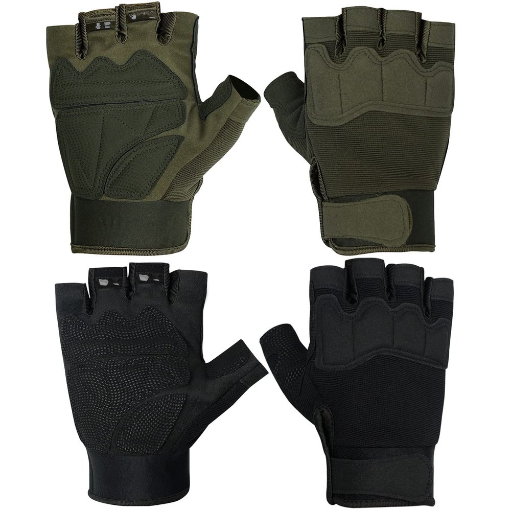 FIORETTO Fingerless Gloves for Airsoft Shooting Half Finger Hunting Hiking Cycling Driving Motorcycle Climbing Work Gloves 2 Pairs(Black+Green) Large
