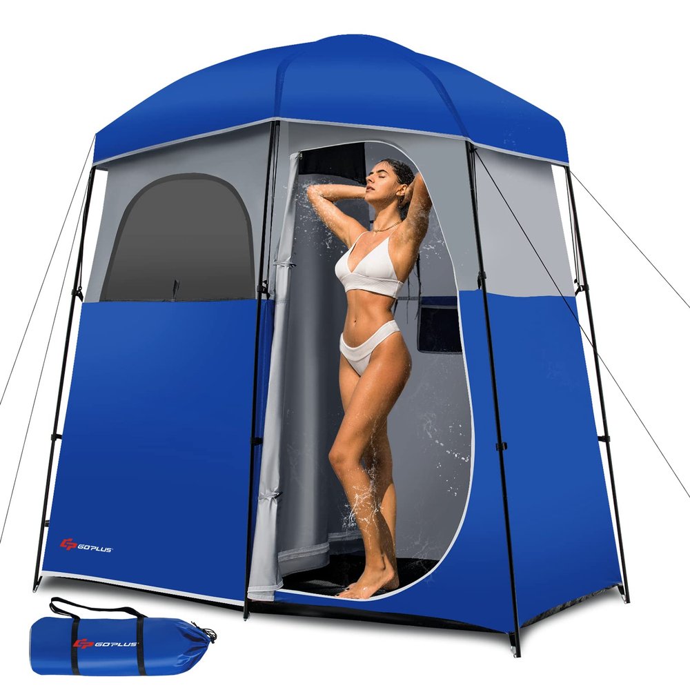 Goplus 2 Room Shower Tent, Portable Camping Changing with Floor Drain, Detachable Rain Fly, Stakes & Ropes, UV Protection, Water Resistant Privacy for Outdoor Toilet, Dressing (Blue)