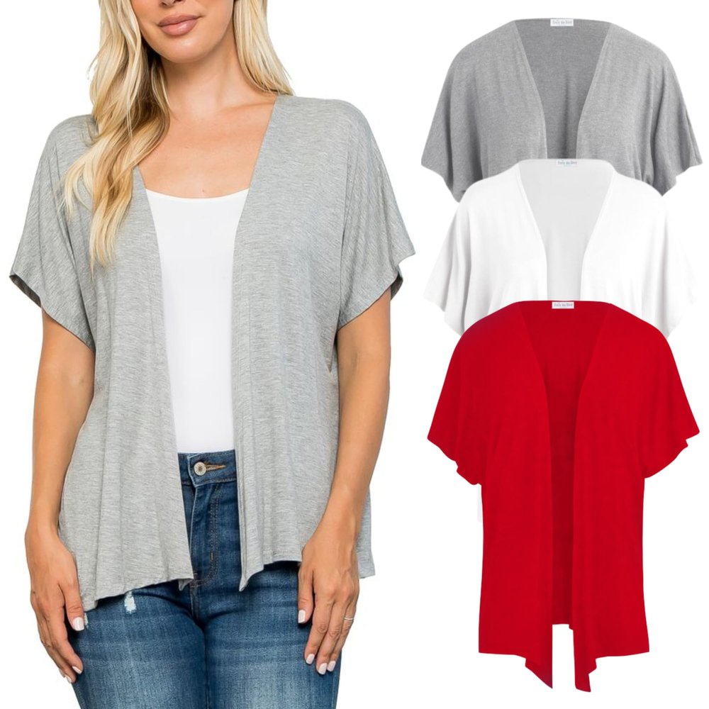 Free to Live 3 Pack Women's Dolman Short Sleeve Cardigan Lightweight Open Front Kimono Dressy Cover Up (Small, Heather Grey, Red, White)