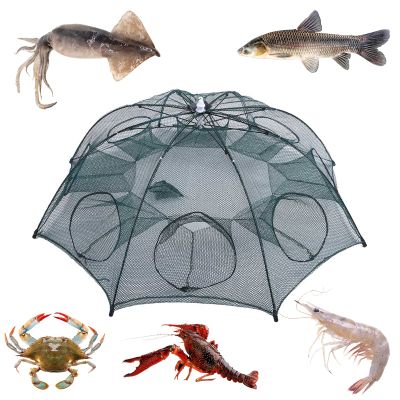 plplaaoo 8 Holes Portable Folded Fishing Net,Fish Traps Fishing Mesh Nylon Foldable Fishing Net for Catching Eels Crabs,Lobsters,Shrimps and Crabs Baits Cast Mesh Trap Automatic