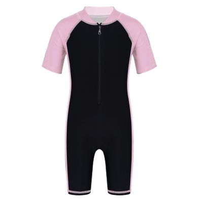 JEEYJOO Kids Girls One Piece Swimwear Short Sleeve Bathing Suit Rash Guard Zip Front Surfing Wetsuit Pink&Black 14 Years