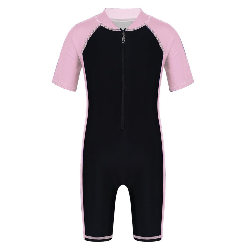 JEEYJOO Kids Girls One Piece Swimwear Short Sleeve Bathing Suit Rash Guard Zip Front Surfing Wetsuit Pink&Black 14 Years