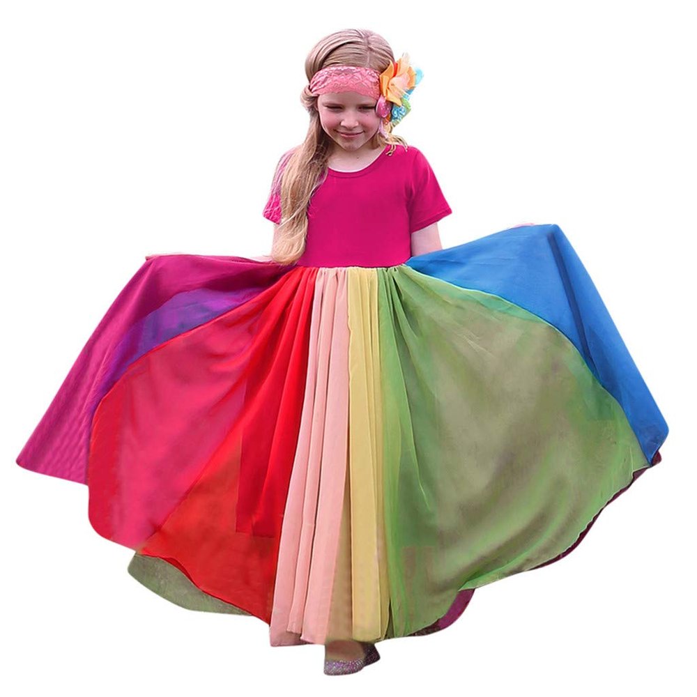 Birthday Rainbow Splice Party Pageant Girls Dresses Princess Gown Kids Girls Clothes for Kids (Hot Pink, 5-6 Years)