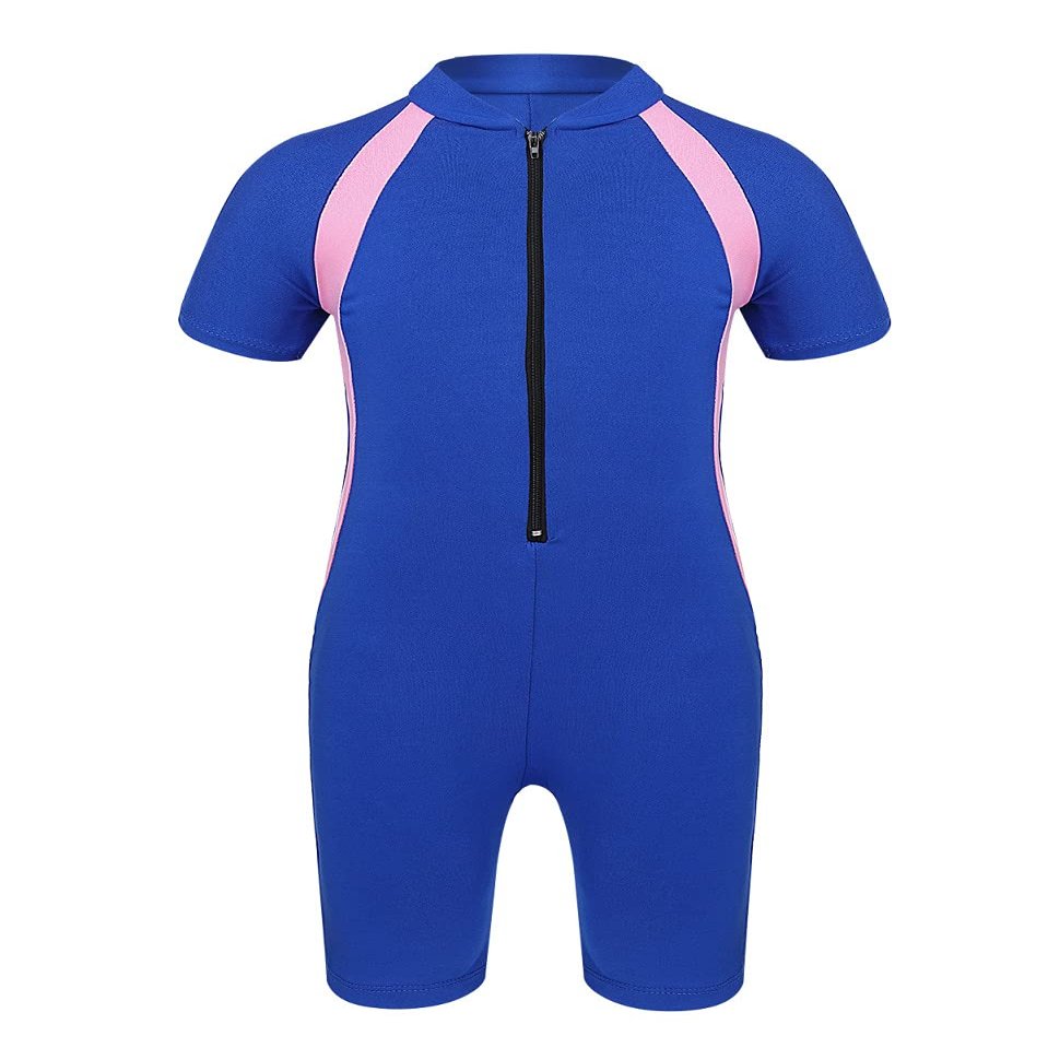Daenrui Kids Girls Boys One Piece Swimsuit Short Sleeve Water Sports Surfing Bathing Suit Rashguard Swimwear Blue 14-16 Years