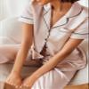 Ekouaer Silk Satin Pajamas Set Women Short Sleeve Sleepwear Soft Button Down Loungewear Pjs Set Champagne Small view 2