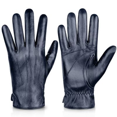 Alepo Genuine Sheepskin Leather Gloves For Men, Winter Warm Touchscreen Texting Cashmere Lined Driving Motorcycle Gloves (Navy-S)