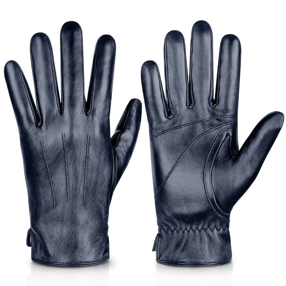 Alepo Genuine Sheepskin Leather Gloves For Men, Winter Warm Touchscreen Texting Cashmere Lined Driving Motorcycle Gloves (Navy-S)