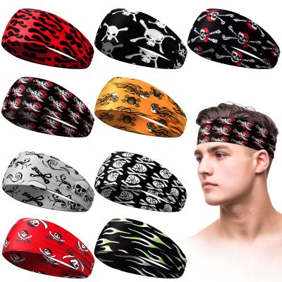 Men's Sweatbands for Workout and Sports - Camo Headband, Sweat Absorbing Wide Headband for Basketball, Football, Cycling, Running, Yoga, 4.7 x 9.8 Inch (Skull Style)