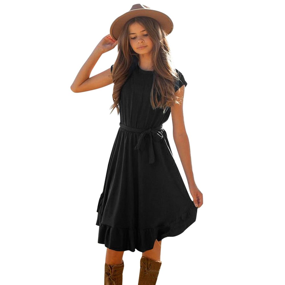 7-12Y Retro Clothes Short Little Solid Ruffles Swing Rockabilly Sleeve Party Vintage Dress Girl (Black, 7-8 Years)
