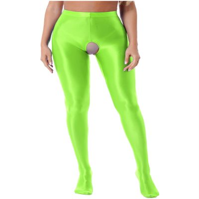 Daenrui Women Oil Silk Glossy Footed Opaque Pantyhose Hollow Out Tights Legging Stocking Lingerie Fluorescent Green Large