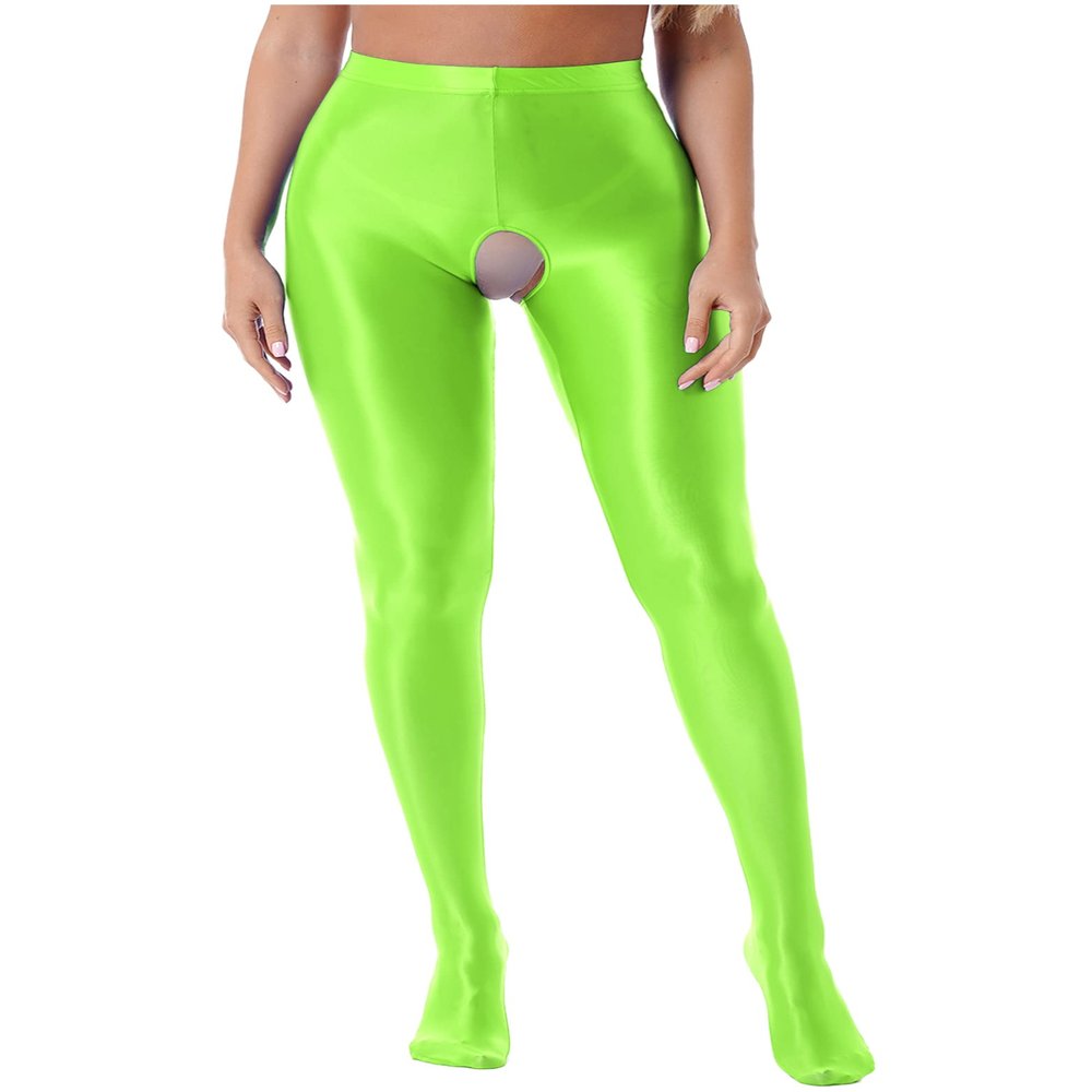Daenrui Women Oil Silk Glossy Footed Opaque Pantyhose Hollow Out Tights Legging Stocking Lingerie Fluorescent Green Large