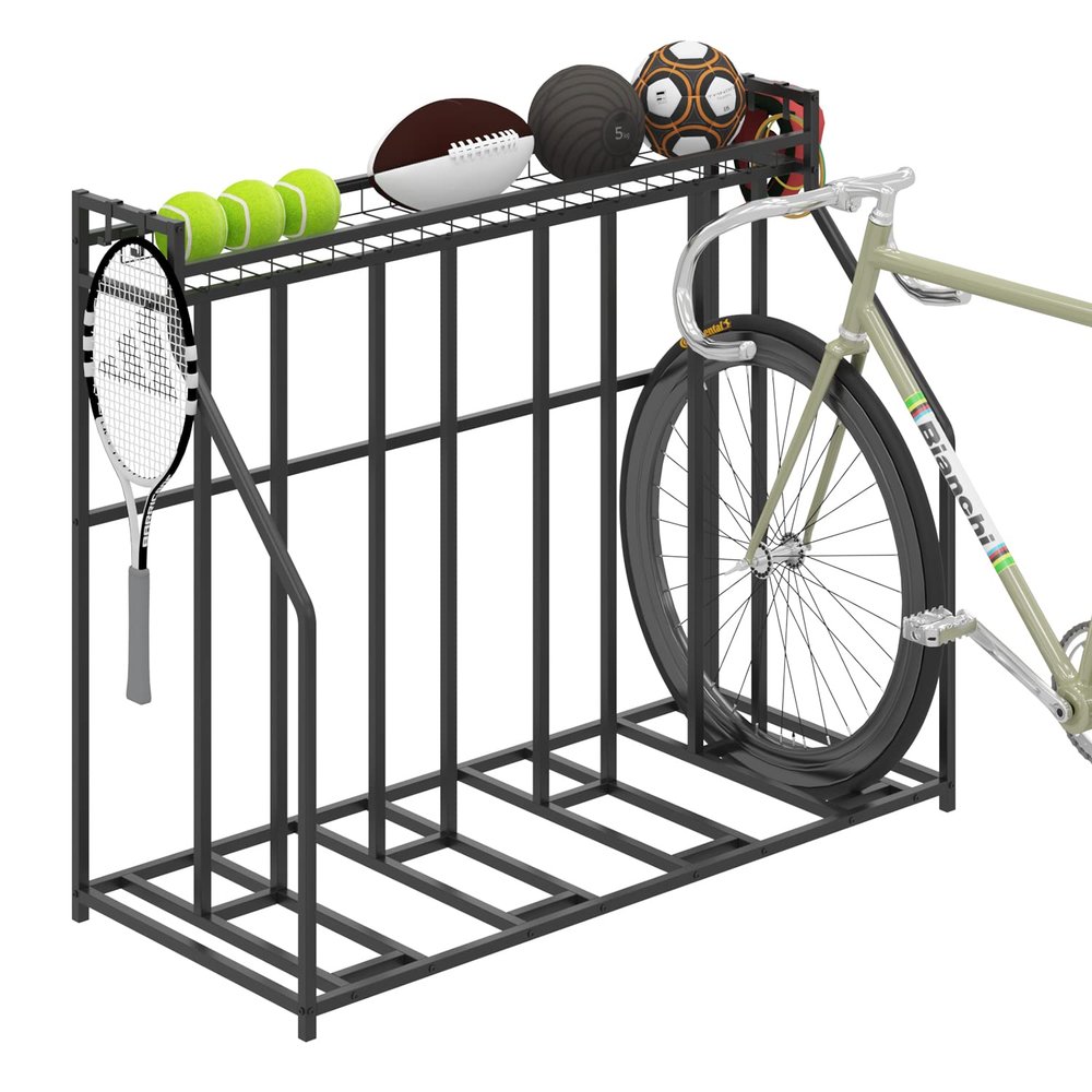 YiLifebes Stand Bike Racks for Garage, 4 Bike Stand Rack with Storage Basket, Metal Floor Bike Parking, Garage Organizer Suitable for Mountain, Hybrid, Adult and Kids Bikes
