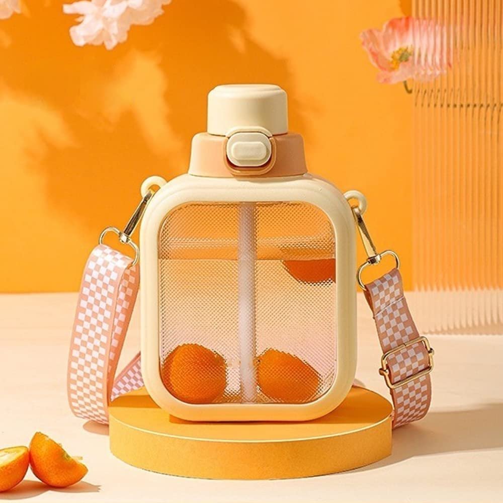 NUFR 24 Oz Square Transparent Water Bottle, Cute Portable Travel Canteen with Adjustable Strap 700ml (Orange)