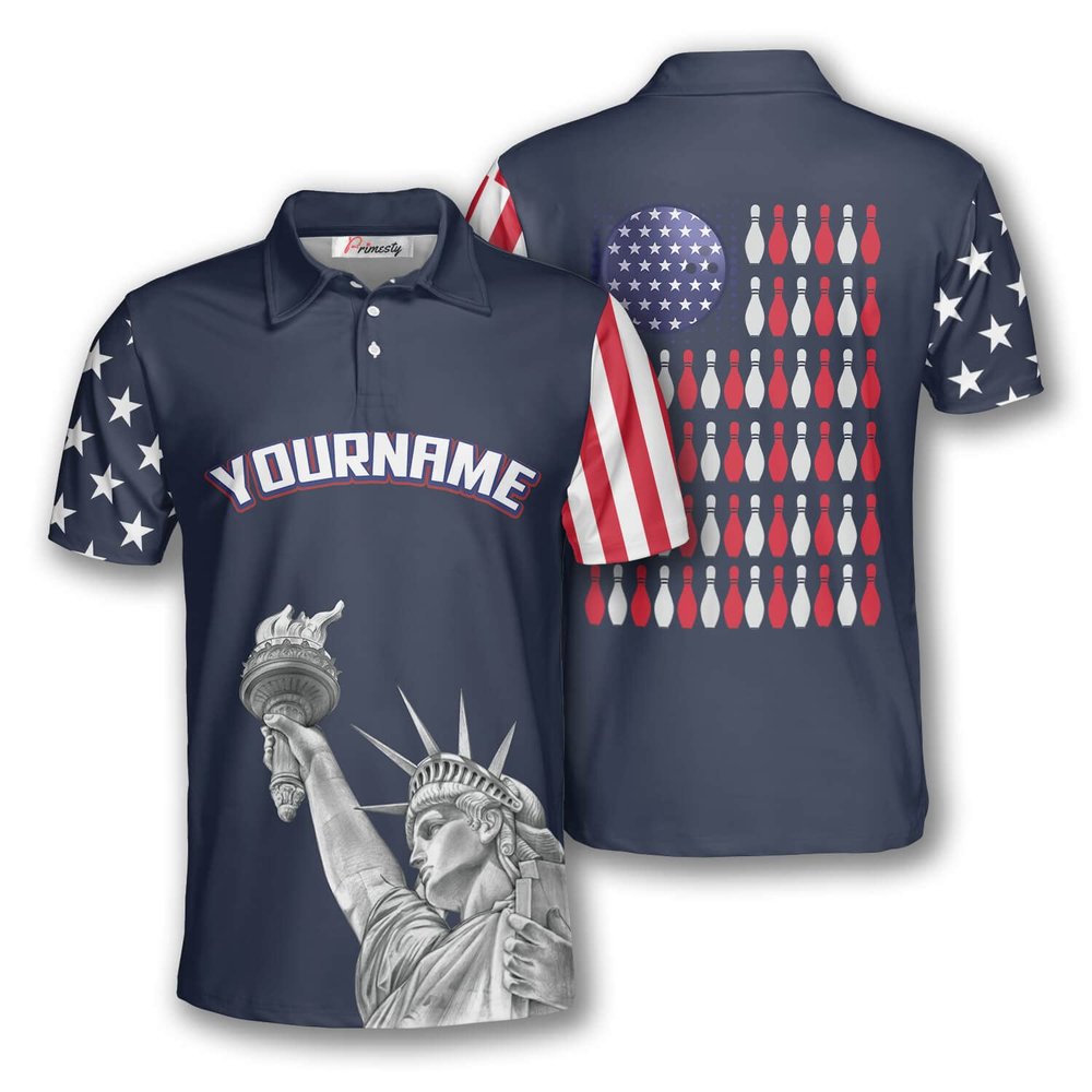 PRIMESTY Custom Bowling Shirts for Men, Patriotic American Flag Bowling Jerseys, Personalized Bowling Polo Shirts
