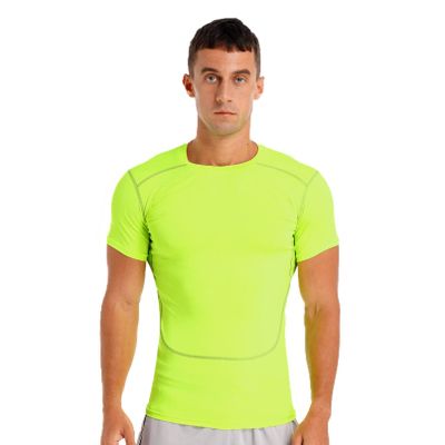 HULIJA Mans Short Sleeve Rash Guard Shirts Swimwear Quick Drying Elastic Athletic Top Sportswear Fluorescent Green Small