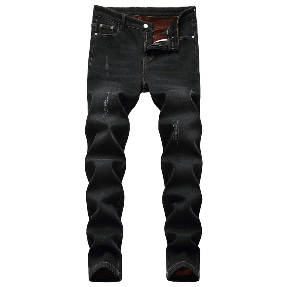 Men's Winter Fleece Lined Jeans Thicken Warm Stretch Denim Pants Regular Fit Classic Straight Leg Jean Trousers (Black,32)