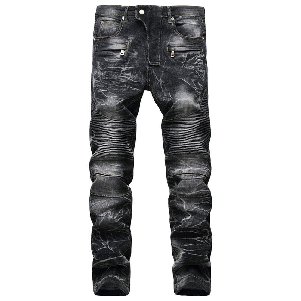 Maiyifu-GJ Men's Moto Biker Distressed Jeans Zipper Deco Washed Straight Fit Jean Vintage Casual Slim Stretchy Denim Pants (Black,28)