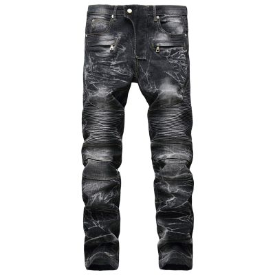 Men's Moto Biker Distressed Jeans Zipper Deco Washed Straight Fit Jean Vintage Casual Slim Stretchy Denim Pants (Black,38)