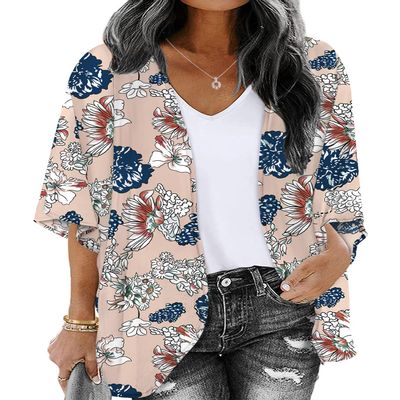 ChainJoy Summer Women Tops Business Casual Work Dressy Chiffon Floral Boho Beach Kimono Cardigans Lightweight Sheer 3/4 Sleeve (Beige, S)