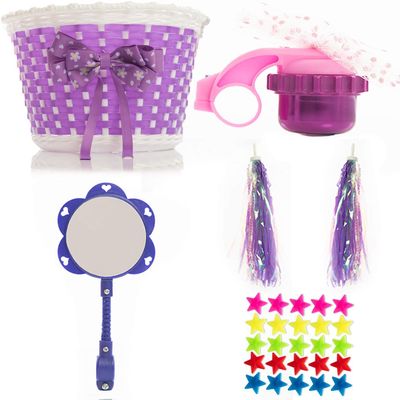 Bike on Hike Girls Bicycle Decorations Set - Fun Bicycle Decor w/Beads, Rear View Mirror, Mounted Water Bottle, Handlebar Streamers & Basket - Complete Bike Decoration Kit for Kids