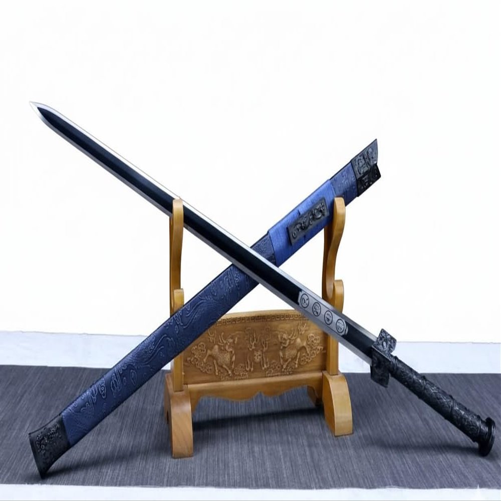 LOONGSWORD Chinese Han Jian Sword  Hand-Forged High Carbon Manganese Steel Octahedral Blade, Black Alloy Fittings, Blue Pattern Faux-Leather Scabbard, Collectible & Martial Arts Display, 42.5"
