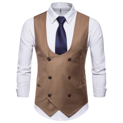Men's Formal Suit Vest - Men Vintage U Shaped Collar Solid Color Suit Vest Business Casual Vest Double Breasted Simple Regular Fit Fashion Waistcoat,Coffee,XL