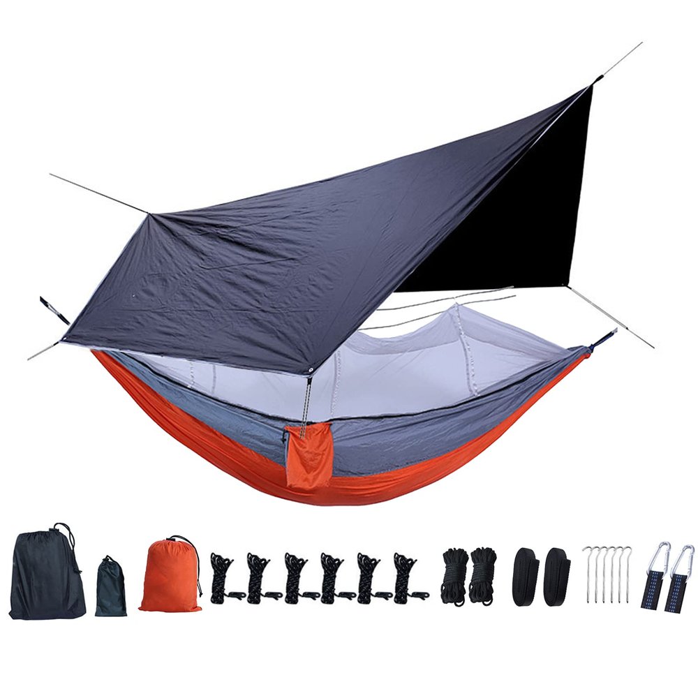 XIANGBINXUAN Tent Tarp Waterproof Camping Tarp Shelter Has a Hammock, UV Protection Ripstop Nylon Portable Hammock Tent Tarp Sunshade HEX Shape Hammock Rain Fly for Hiking Travel (Black)