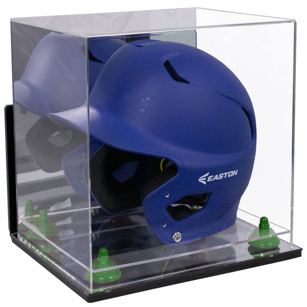 Better Display Cases Acrylic Baseball Batting Helmet Display Case with Mirror, Green Risers , Wall Mount and Mirror Base(V22/A012)