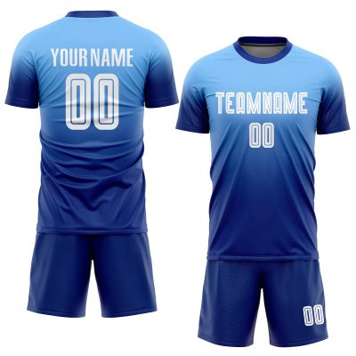 Custom Gradient Blue Soccer Jerseys Personalized Fade Fashion Football T Shirts & Shorts Set with Printed Team Name Number Logo, Round-Neck Short Sleeve Pullover Uniforms for Men Women Youth Teens