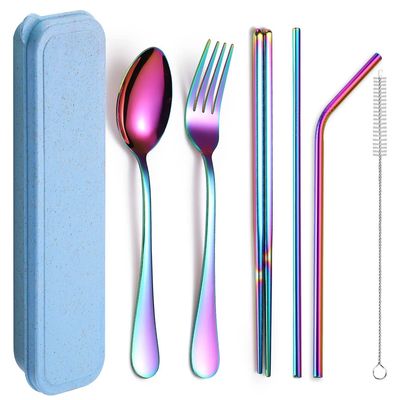 XIAOYU 6 Pieces Portable Reusable Cutlery Set, Stainless Steel Flatware Set, Travel Utensils Set, Includes Chopsticks/Fork/Spoon/Straws/Cleaning Brush, Rainbow