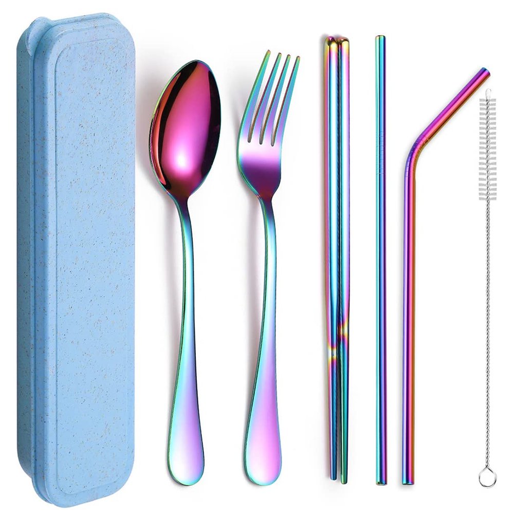 XIAOYU 6 Pieces Portable Reusable Cutlery Set, Stainless Steel Flatware Set, Travel Utensils Set, Includes Chopsticks/Fork/Spoon/Straws/Cleaning Brush, Rainbow
