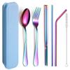 XIAOYU 6 Pieces Portable Reusable Cutlery Set, Stainless Steel Flatware Set, Travel Utensils Set, Includes Chopsticks/Fork/Spoon/Straws/Cleaning Brush, Rainbow view 1