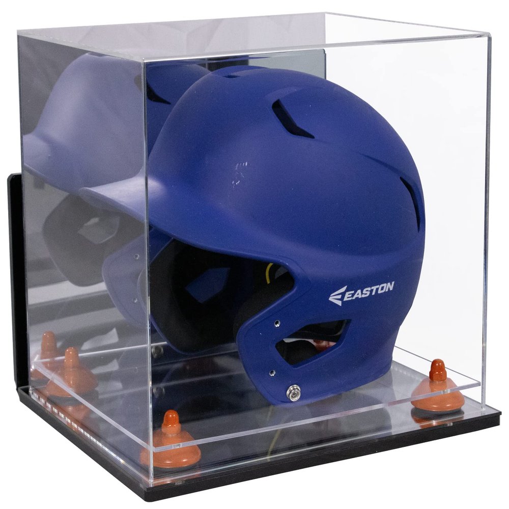 Better Display Cases Acrylic Baseball Batting Helmet Display Case with Mirror, Orange Risers , Wall Mount and Mirror Base(V22/A012)