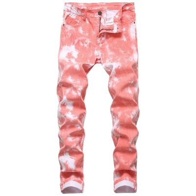 Men's Slim Fit Printed Stretch Jeans Skinny Casual Comfy Denim Pants Lightweight Stylish Hip Hop Jean Trousers (Red,33)
