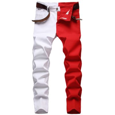 Men's Patchwork Skinny Jeans Slim Fit Stretch Straight Leg Denim Pants Casual Vintage Washed Jean Trousers (Color 4,36)