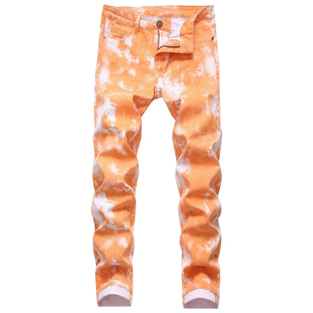 Men's Slim Fit Printed Stretch Jeans Skinny Casual Comfy Denim Pants Lightweight Stylish Hip Hop Jean Trousers (Orange,32)
