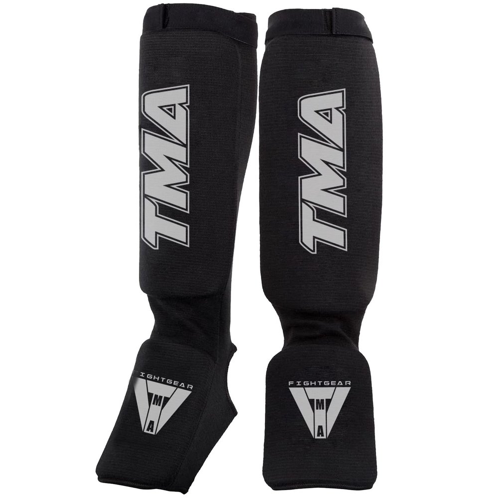 TMA Muay Thai MMA Kickboxing shin Guards, Instep Guard Sparring Protective Leg shin Kick Pads for Adults (Small/Medium, Black)