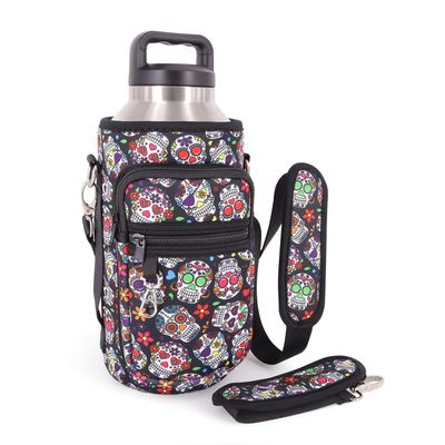 AJLTPA Half Gallon Jugs Water Bottle Holder with Strap and 2 Pockets, Water Bottle Sleeve Carrier For Half Gallon Jugs 64oz Flask(Floral Sugar Skull)